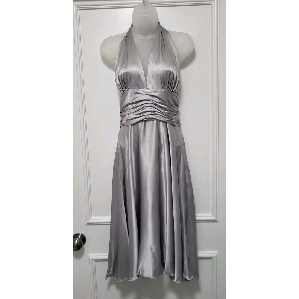 Vtg Cache Luxe Silver 100% Silk Halter Party Midi Dress Sz 10